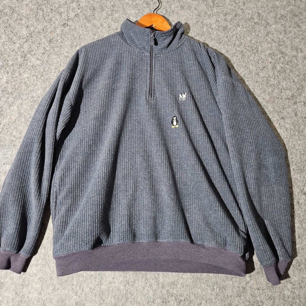 Polar Dogs By Big Dogs Pullover Men Medium Gray Ribbed 1/4 Zip Penguin Dog